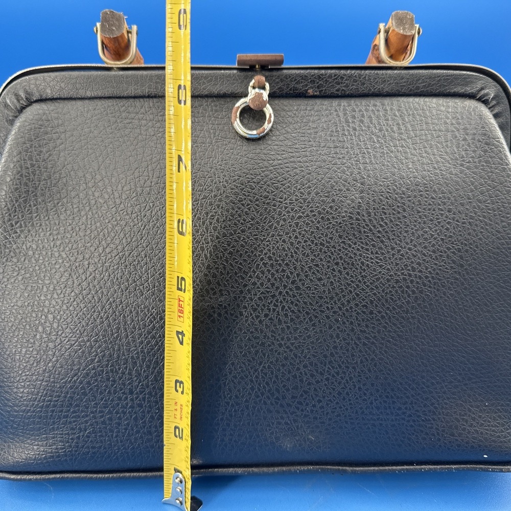 VTG 60s Black Pebbled Top Handle Handbag Bamboo Handle Frame Purse Classic - Picture 6 of 10